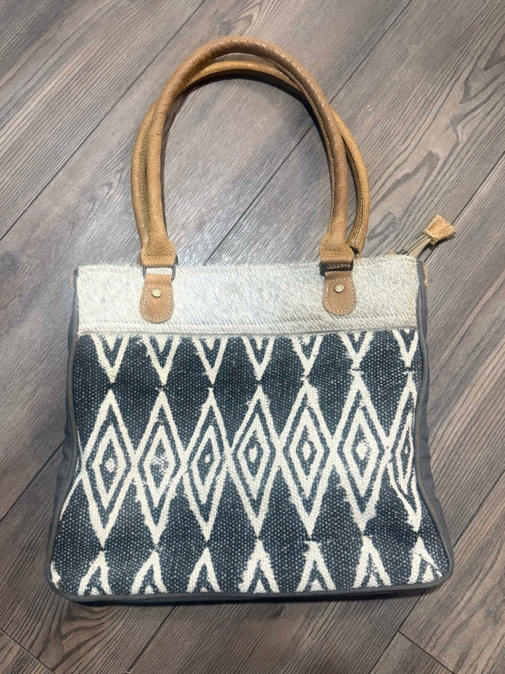 Myra Bag Hair On Hide Leather Canvas Tote Purse Western Aztec Shoulder Bag